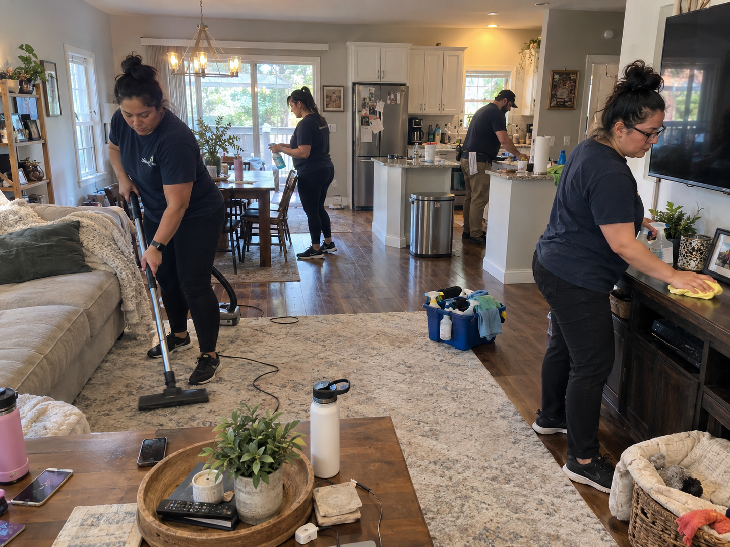 The Everyday Cleaners team cleaning a bright living room and kitchen