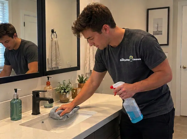 Professional residential cleaner from The Everyday Cleaners wiping a bathroom sink in a Seattle home